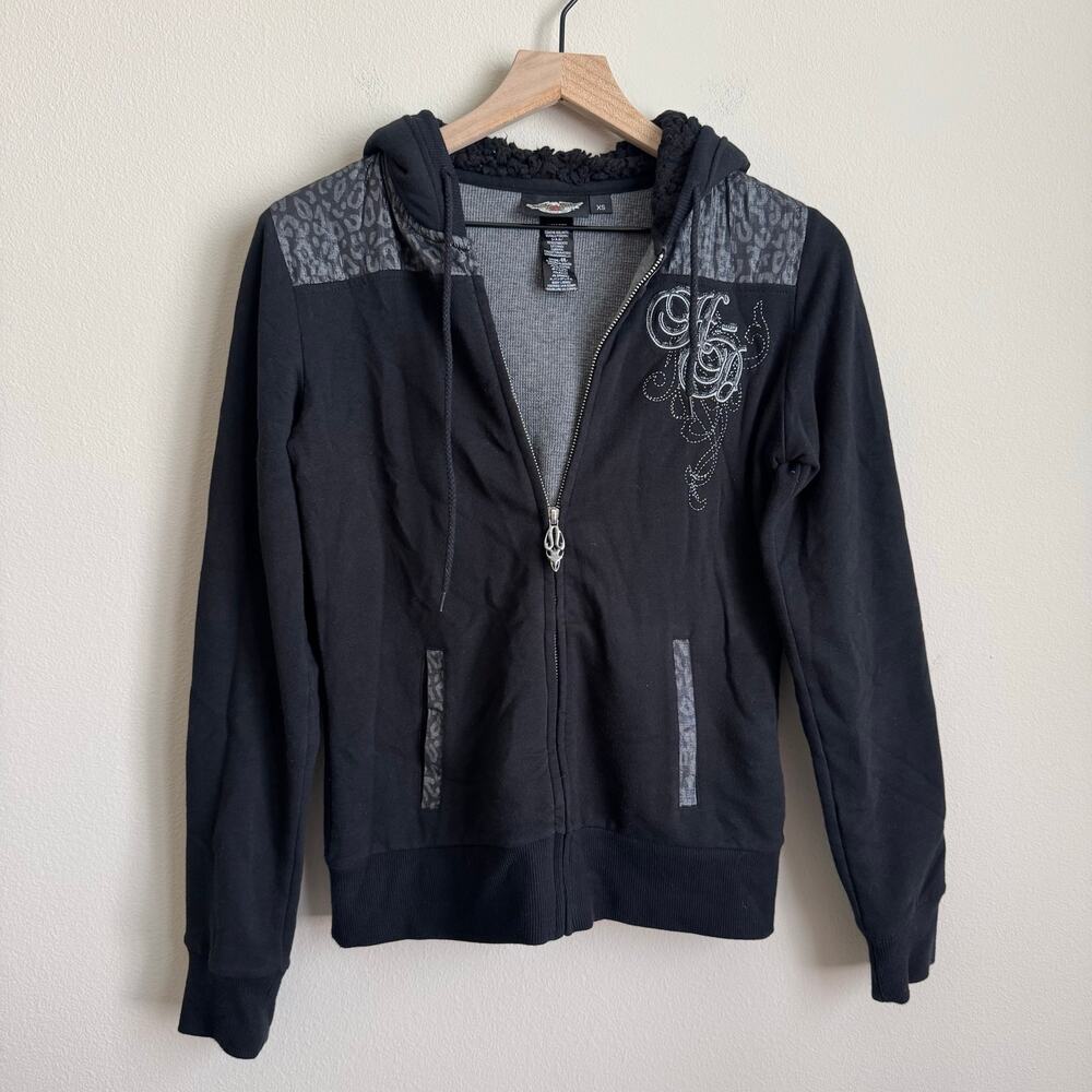 Harley Davidson Womens Y2K Lined Black Gray Zip Hoodie Jacket Sweater Size XS